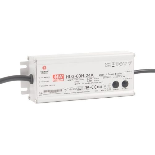 Maitinimo šaltiniai 24/48 VDC, Impulsinis maitinimo šaltinis LED 24V 2.5A, PFC, IP67, Mean Well