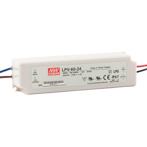 Maitinimo šaltiniai 24/48 VDC, Impulsinis maitinimo šaltinis LED 24V 2.5A, IP67, Mean Well