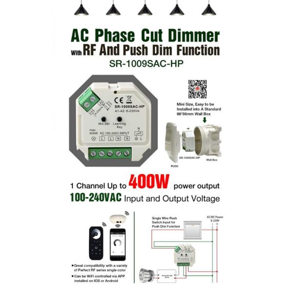 Išmanūs sprendimai Zigbee/Z-Wave/WIfi/Bluetooth, LED apšvietimo valdymo sistemos imtuvas 230V, 200W, TRIAC, Perfect-RF serija, Sunricher