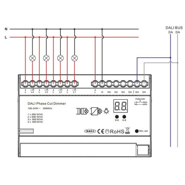 Sunricher, DALI sistemos valdiklis TRIAC 4x400W, 4 kanalų, DIN, TRIAC 100-240V, Sunricher