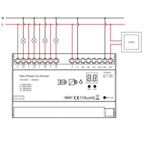 Sunricher, DALI sistemos valdiklis TRIAC 4x400W, 4 kanalų, DIN, TRIAC 100-240V, Sunricher