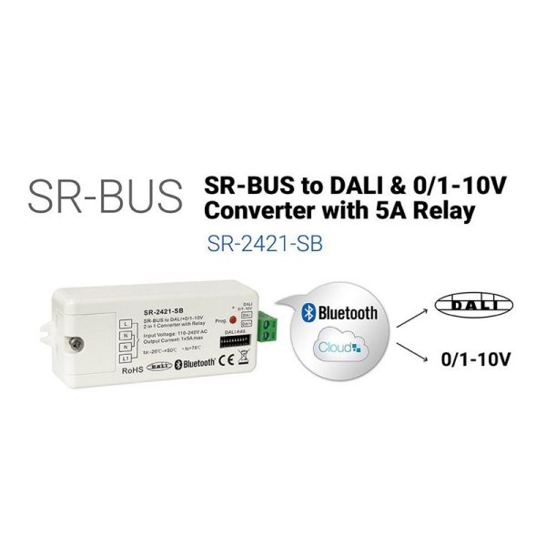 Išmanūs sprendimai Zigbee/Z-Wave/WIfi/Bluetooth, Apšvietimo valdymo signalo keitiklis Bluetooth SR-BUS - DALI/0-10V, Sunricher