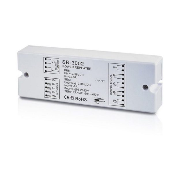 Maitinimo šaltiniai 24/48 VDC, LED RGBW juostos signalo stiprintuvas 12V-36Vdc 4x8A, Sunricher