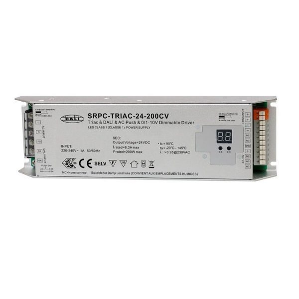 Maitinimo šaltiniai DALI/1-10/PUSH/DMX, LED maitinimo šaltinis 220-240Vac - 24Vdc, 200W, TRIAC + DALI + Push-DIM + 1-10V, Sunricher