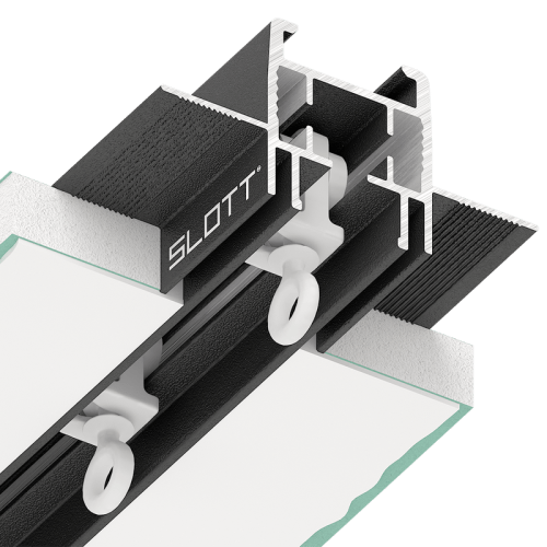 KRAAB SYSTEMS, Užuolaidų elektriniai karnizai GKP arba įtempiamoms luboms SLOTT MOTION L2 2m ilgio Juodos arba baltos spalvos Kraab systems 1.23.1 / 1.23.2