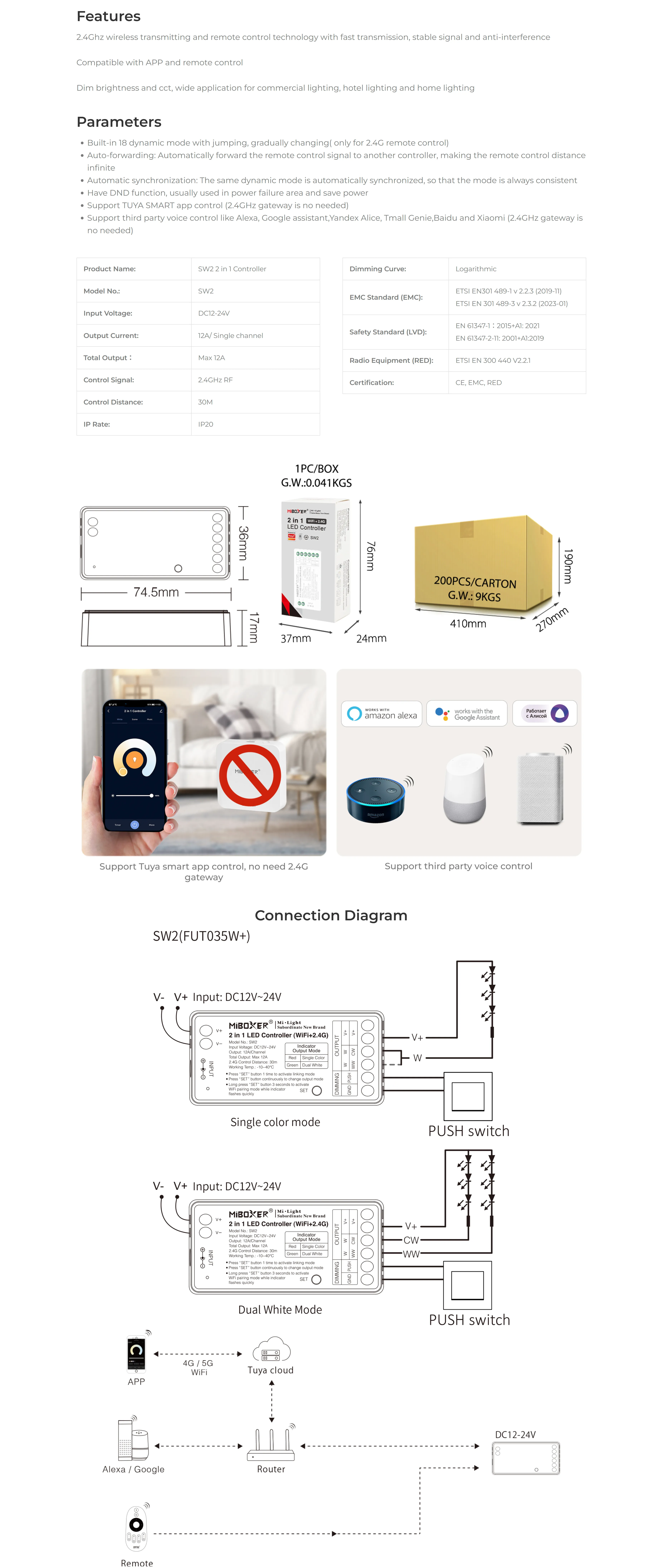 1 Miboxer, LED valdiklis 2in1 MONO/CCT 12-24VDC 12A WiFi SW2 (FUT035W+)