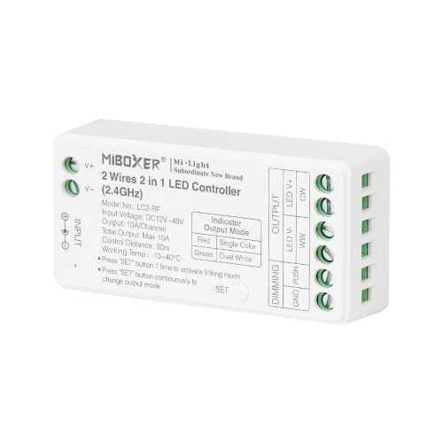 Miboxer, 2in1 MONO/CCT 2 laidų LED valdiklis 12V-48VDC 10A LC2-RF
