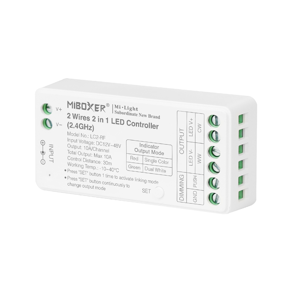 A2-90 Miboxer, 2in1 MONO/CCT 2 laidų LED valdiklis 12V-48VDC 10A LC2-RF