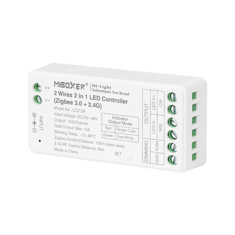 A2-91 Miboxer, 2in1 MONO/CCT 2 laidų LED valdiklis 12V-48VDC 10A LC2-ZR Zigbee 3.0
