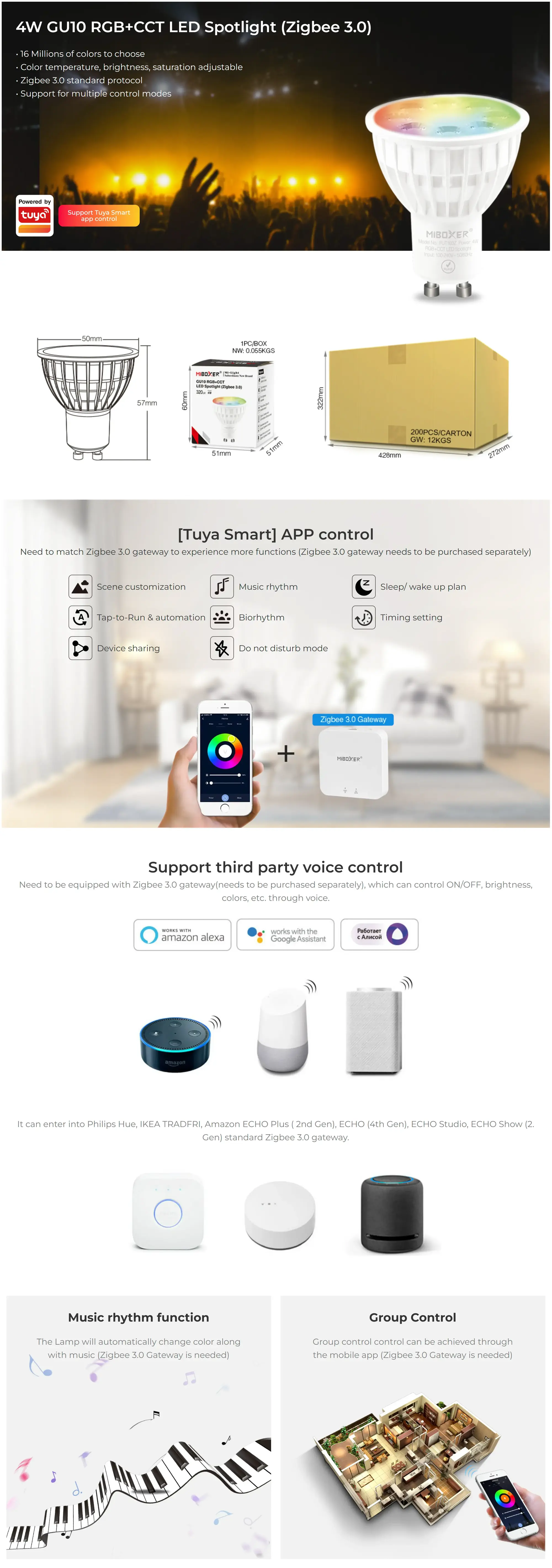 FUT103Z-01 Išmanios lemputės Zigbee/Z-Wave/WIfi/Bluetooth, LED žibintas GU10 4W RGB+CCT 230V Zigbee FUT103Z