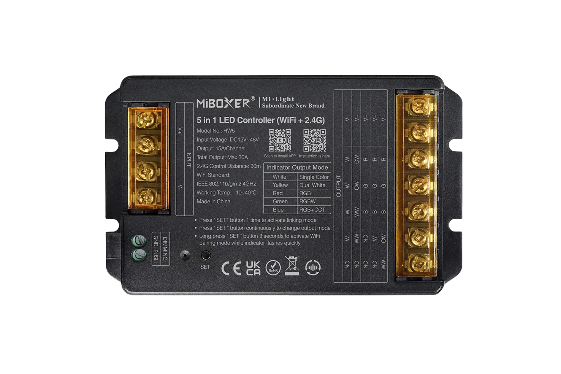 HW5 Miboxer, Valdiklis 5vnt RGB+CCT 12-48V 30A WiFi+Bluetooth+2.4G HW5