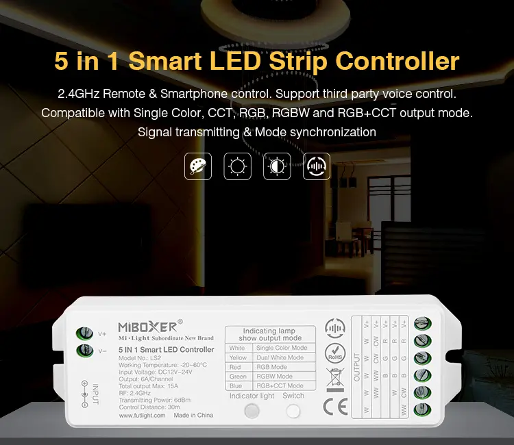 LS2-01 Miboxer, LED valdiklis RGB+CCT 12-24VDC 5in1 LS2