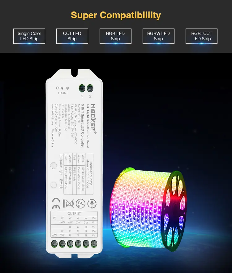 LS2-04 Miboxer, LED valdiklis RGB+CCT 12-24VDC 5in1 LS2