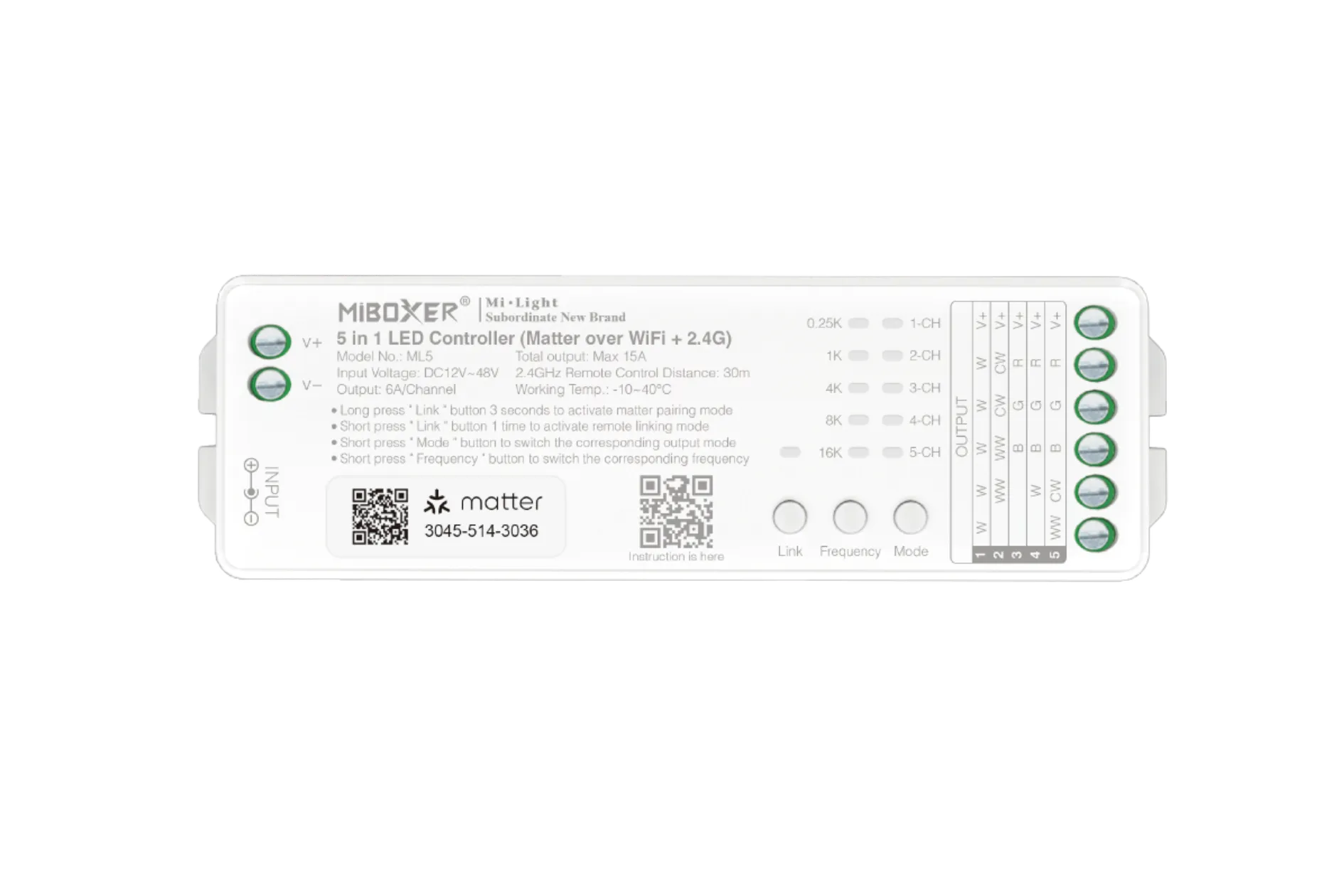 ML5 Miboxer, Valdiklis 5in1 RGB+CCT Matter 12-48V 20A 2.4G ML5