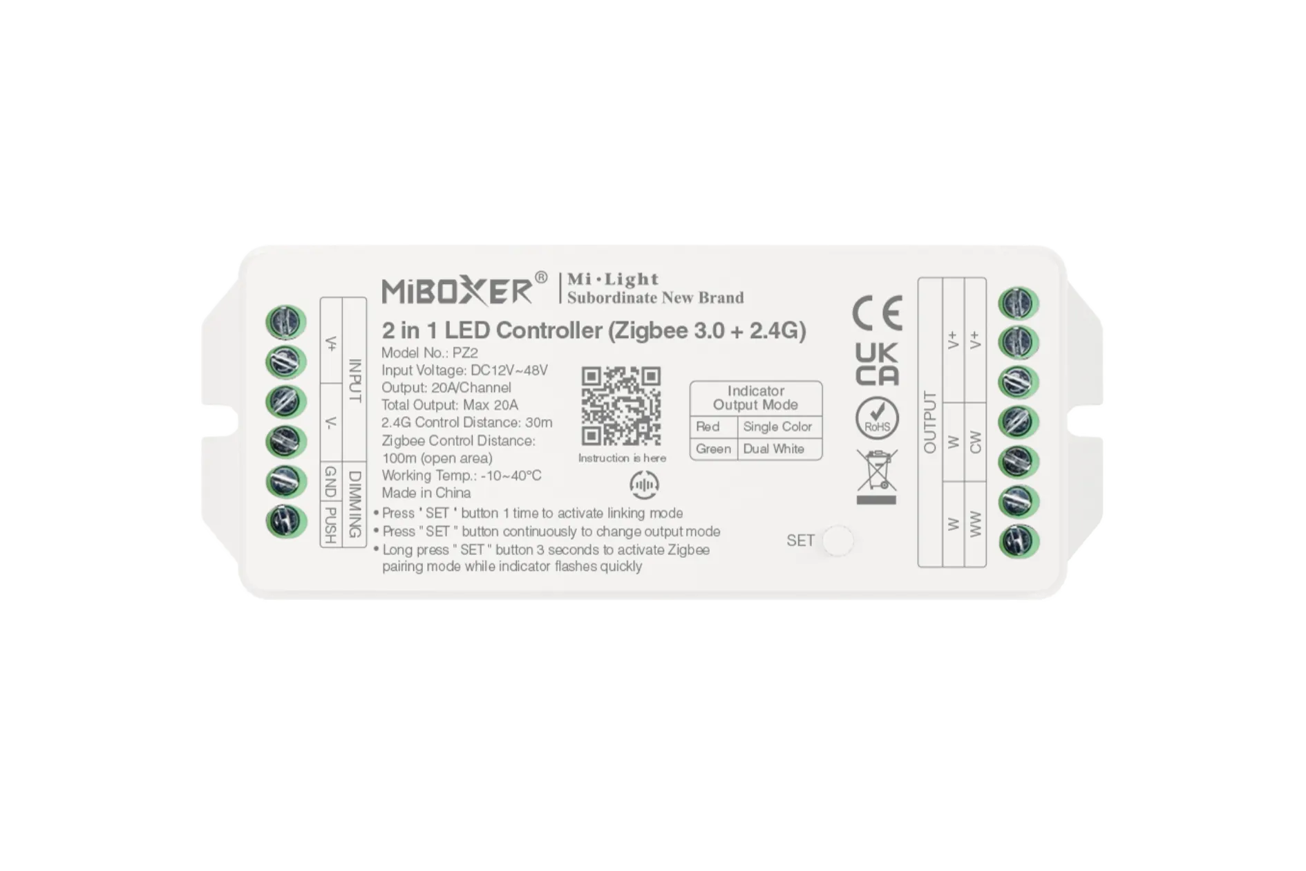 PZ2 Miboxer, CCT valdiklis 2-in-1 12–48V 20A Zigbee 3.0 + 2.4G PZ2