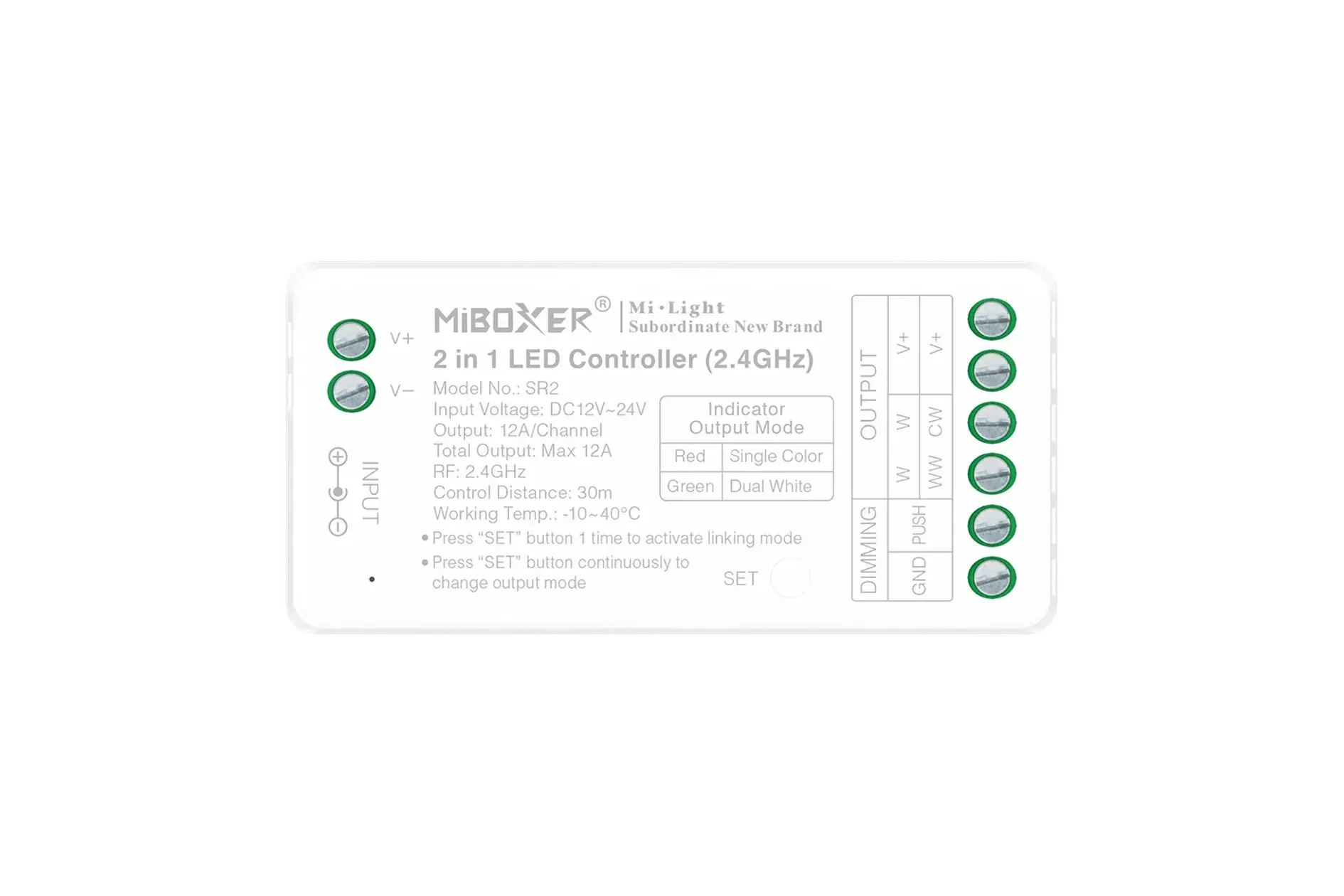 SR2 Miboxer, LED kontroleris 2w1 MONO/CCT 12-24VDC 12A SR2