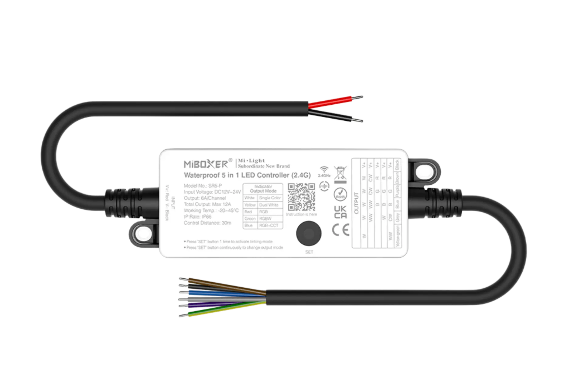 SR5-P Miboxer, LED valdiklis 5in1 IP66 RGB+CCT 12–24VDC 12A SR5-P