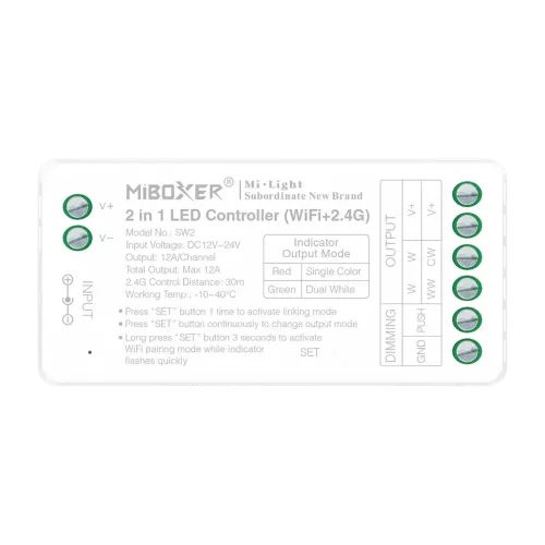 Miboxer, LED valdiklis 2in1 MONO/CCT 12-24VDC 12A WiFi SW2 (FUT035W+)