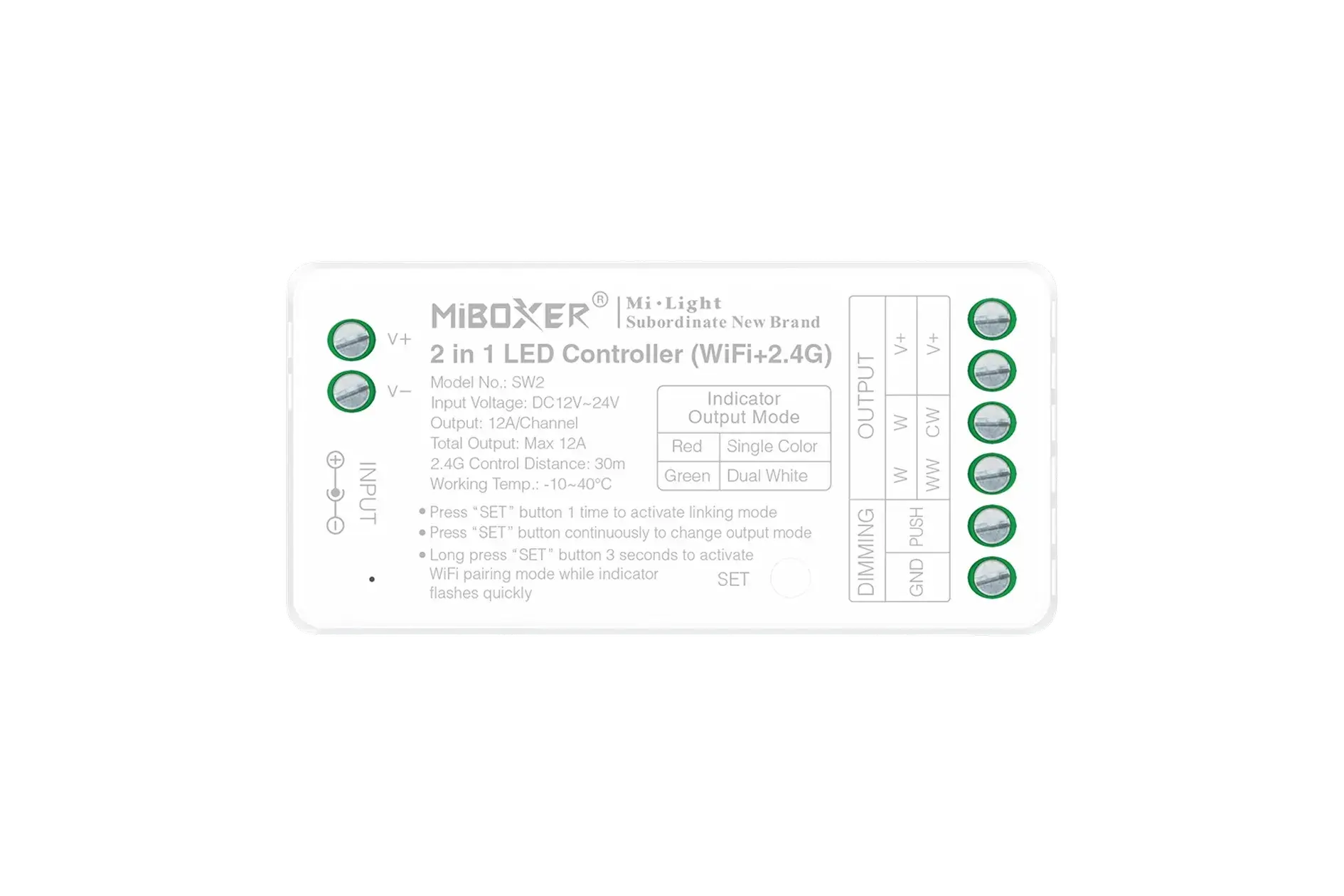 SW2 Miboxer, LED valdiklis 2in1 MONO/CCT 12-24VDC 12A WiFi SW2 (FUT035W+)