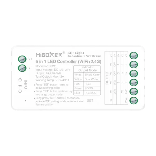 Miboxer, LED valdiklis 5in1 RGB+CCT 12-24VDC 12A WiFi SW5 (FUT037W+)