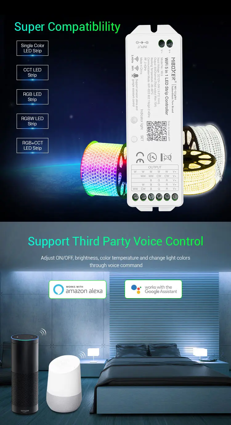 WL5-04 Miboxer, LED kontroleris WiFi RGB+CCT 12-24VDC 5 in 1 WL5
