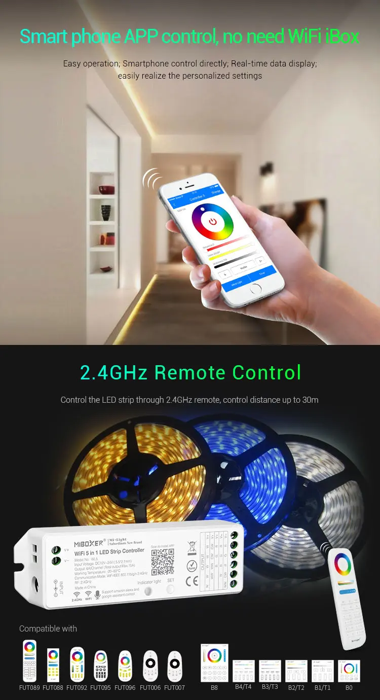WL5-05 Miboxer, LED kontroleris WiFi RGB+CCT 12-24VDC 5 in 1 WL5