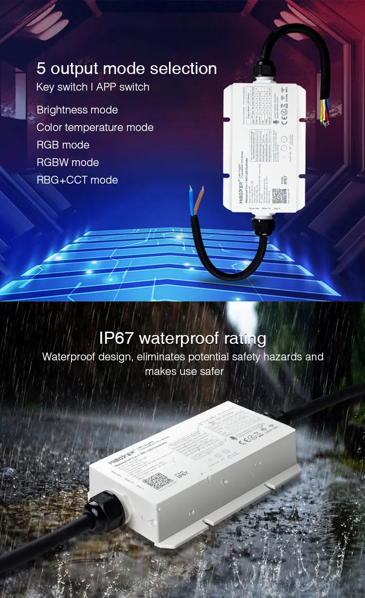 WL5-WP-04 Miboxer, Vandeniui atsparus LED valdiklis WiFi RGB+CCT 12-48VDC 5in1 WL5-WP