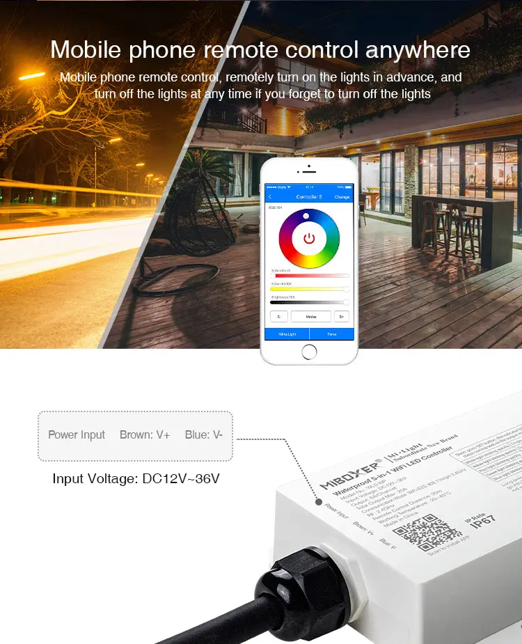 WL5-WP-09 Miboxer, Vandeniui atsparus LED valdiklis WiFi RGB+CCT 12-48VDC 5in1 WL5-WP