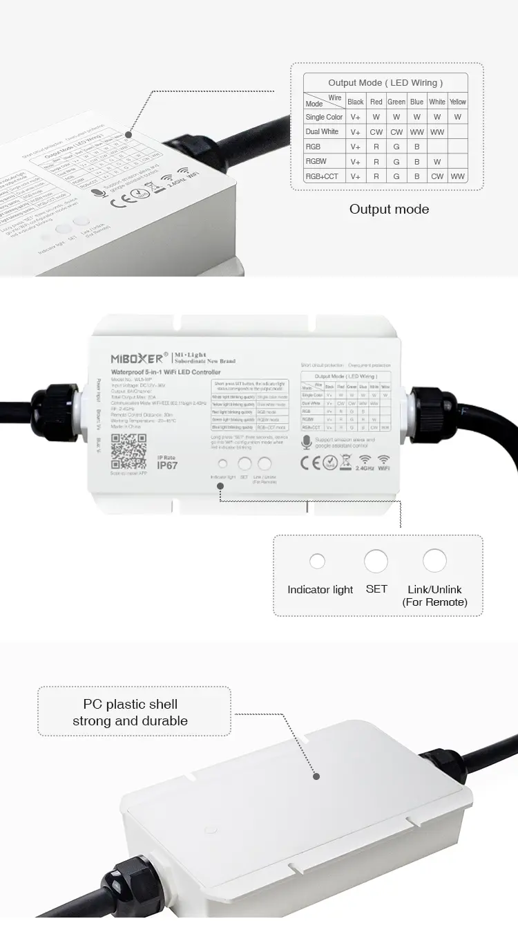 WL5-WP-10 Miboxer, Vandeniui atsparus LED valdiklis WiFi RGB+CCT 12-48VDC 5in1 WL5-WP