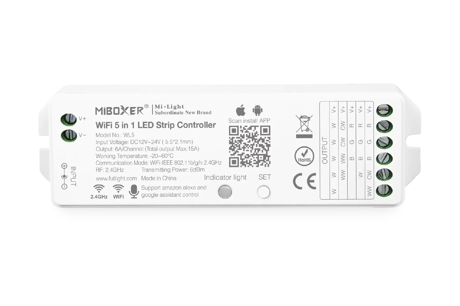 WL5 Miboxer, LED kontroleris WiFi RGB+CCT 12-24VDC 5 in 1 WL5