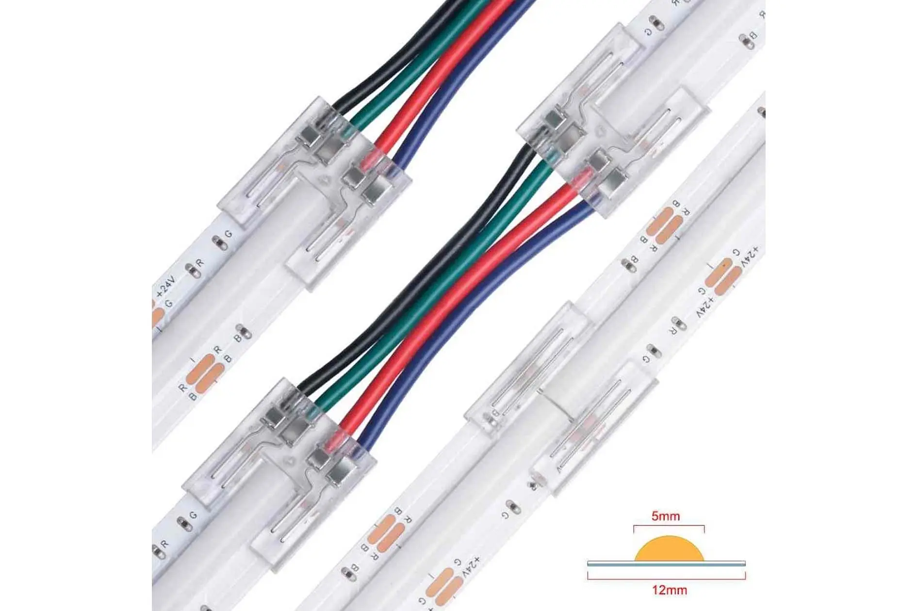 ZBCI-12 LED jungtys su laidais, Jungtis 12mm LED juostai COB - juosta prie laido, 3 kontaktų jungtis CCT/RGB/Digital (FS-AP011-3-12XB-ZBCI)