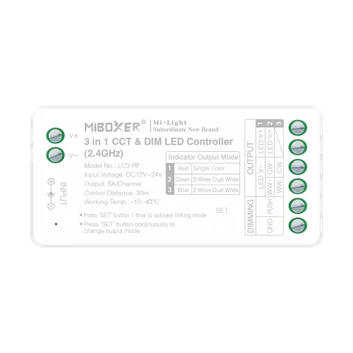 Miboxer, LC3-RF 2 laidų 3in1 CCT ir pritemdymo LED valdiklis (2.4GHz)