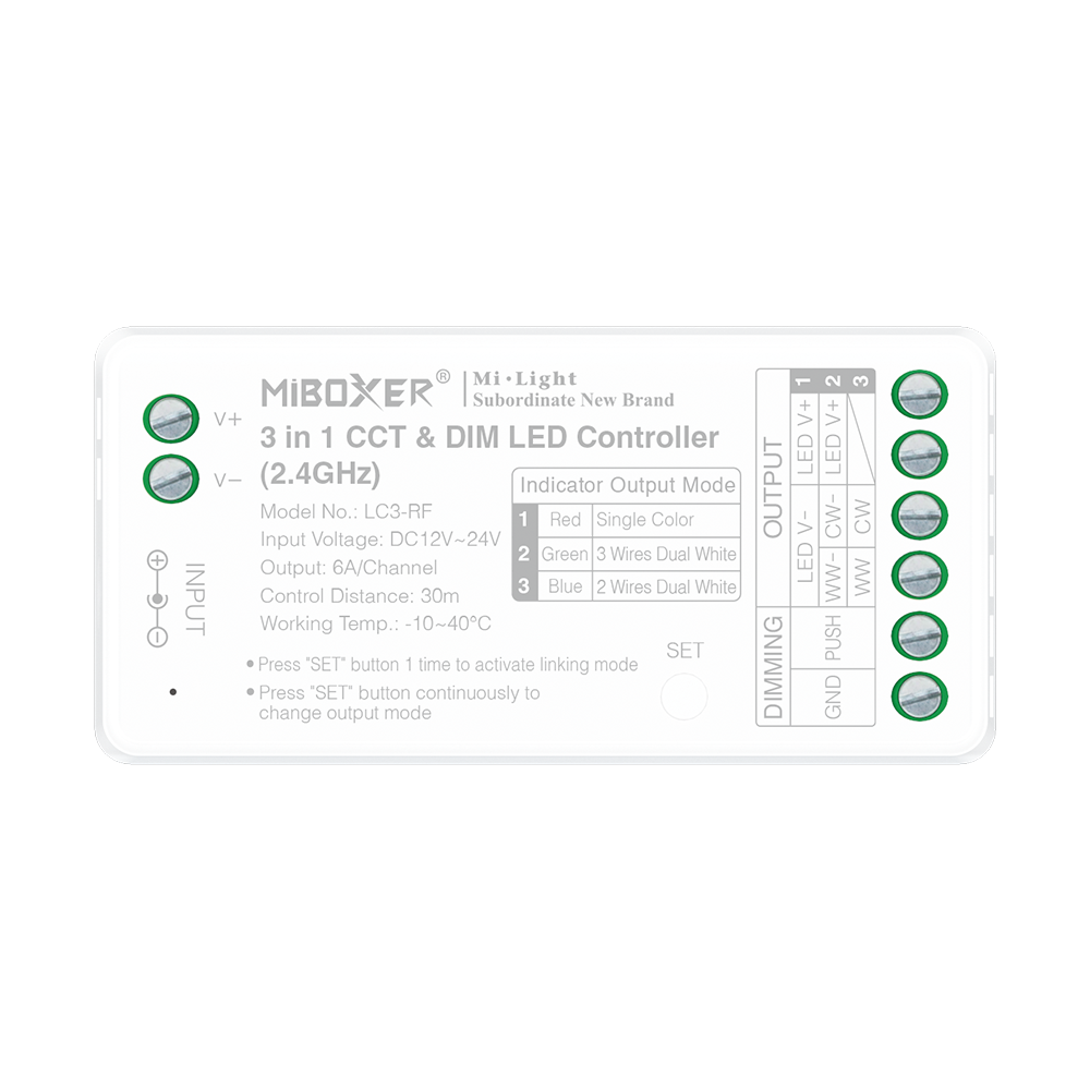 lc3rf1 Miboxer, LC3-RF 2 laidų 3in1 CCT ir pritemdymo LED valdiklis (2.4GHz)
