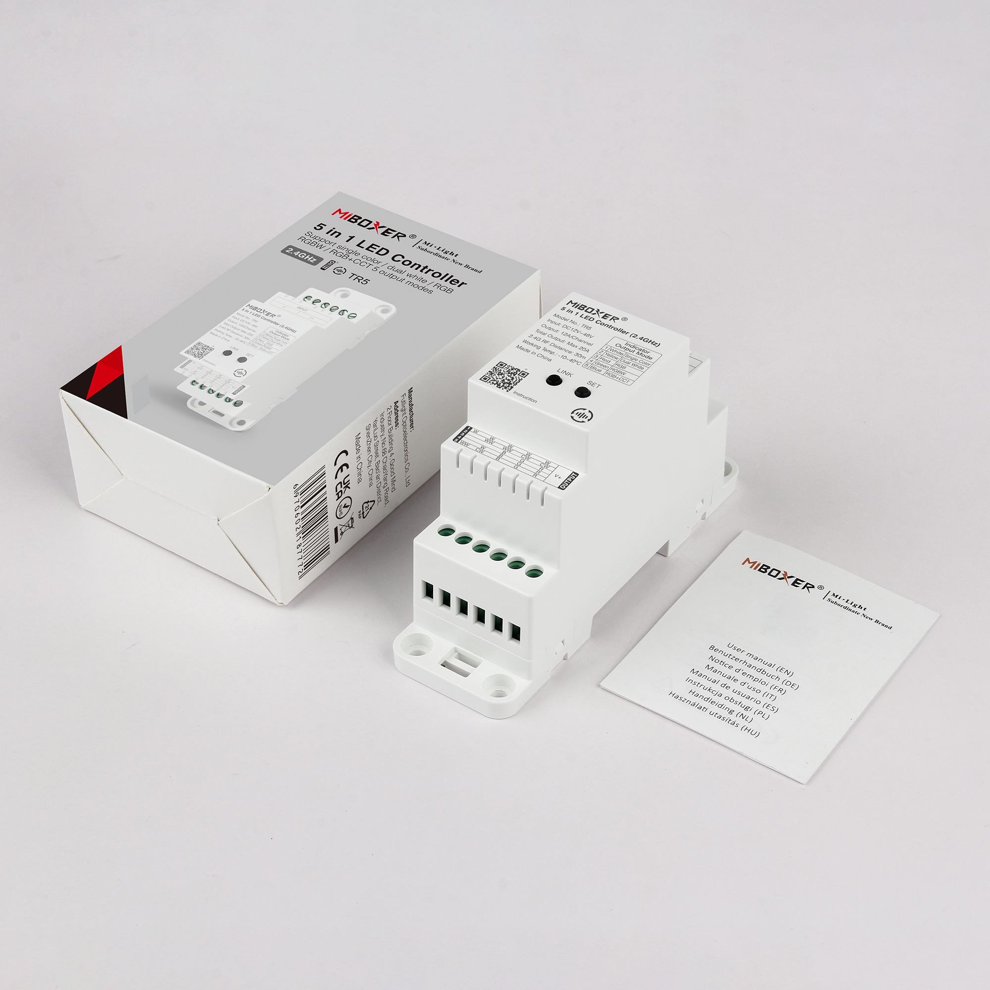 r544 Miboxer, 5in1 DIN bėgio LED valdiklis 12V-48VDC 20A TR5
